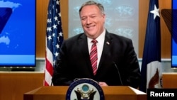 Ngoại trưởng Mỹ Mike Pompeo trong cuộc họp báo tại Bộ Ngoại giao ở Washington D.C., ngày 29/4/2020.