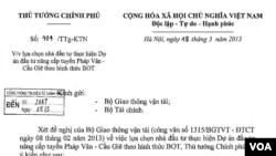 Công văn số 404/TTg-KTN ngày 18/3/2013 của PTT Hoàng Trung Hải đồng ý chỉ định nhà đầu tư dự án BOT Pháp Vân - Cầu Giẽ, một dự án còn tai tiếng và nhơ nhuốc hơn cả BOT Cai Lậy. Nguồn: Báo Điện tử Chính phủ.