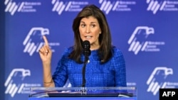 Ứng cử viên tổng thống của Đảng Cộng hòa Nikki Haley phát biểu tại Hội nghị thượng đỉnh lãnh đạo thường niên của Liên minh Do Thái Cộng hòa (RJC) vào ngày 28/10/2023 tại Trung tâm Hội nghị Venetian ở Las Vegas, bang Nevada, Hoa Kỳ.