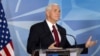 U.S. Vice President Mike Pence briefs the media during a meeting with NATO Secretary-General Jens Stoltenberg at the Alliance headquarters in Brussels, Belgium, Feb. 20, 2017.