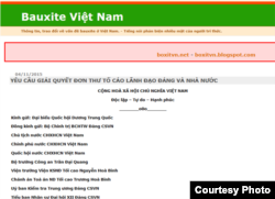 Bản yêu cầu giải quyết đơn thư tố cáo lãnh đạo Đảng và Nhà nước đã được trang Bauxite Việt Nam, diễn đàn của giới trí thức yêu nước, đăng tải ngày 4/11/2015