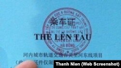 Ảnh thẻ lên tàu dành riêng cho CBCNV thi công dự án tuyến Cát Linh-Hà Đông. (Web Screenshot- Thanh Nien)