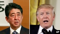 Ông Trump (phải) điện đàm với Thủ tướng Nhật Shinzo Abe trong gần một tiếng đồng hồ vào sáng thứ Hai 31/7.