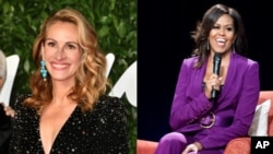 Nữ diễn viên điện ảnh Julia Roberts (trái) sẽ đến Việt Nam cùng cựu Đệ nhất Phu nhân Michelle Obama trong chuyến thăm ngày 9/12. (VOA collage of AP photos)